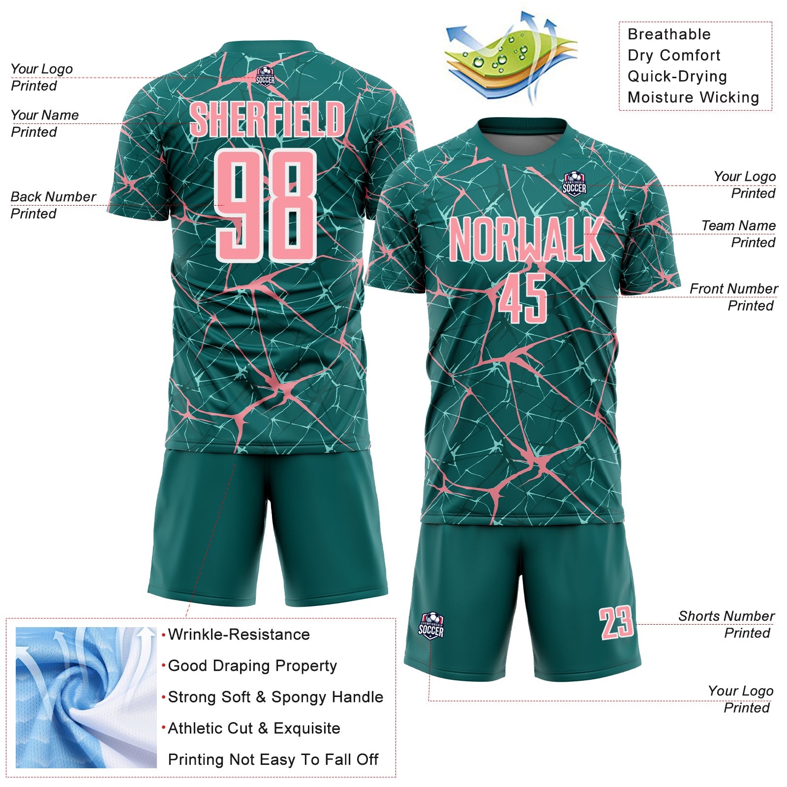 Custom Teal Medium Pink-White Abstract Network Crackle Sublimation Soccer Uniform Jersey view 4
