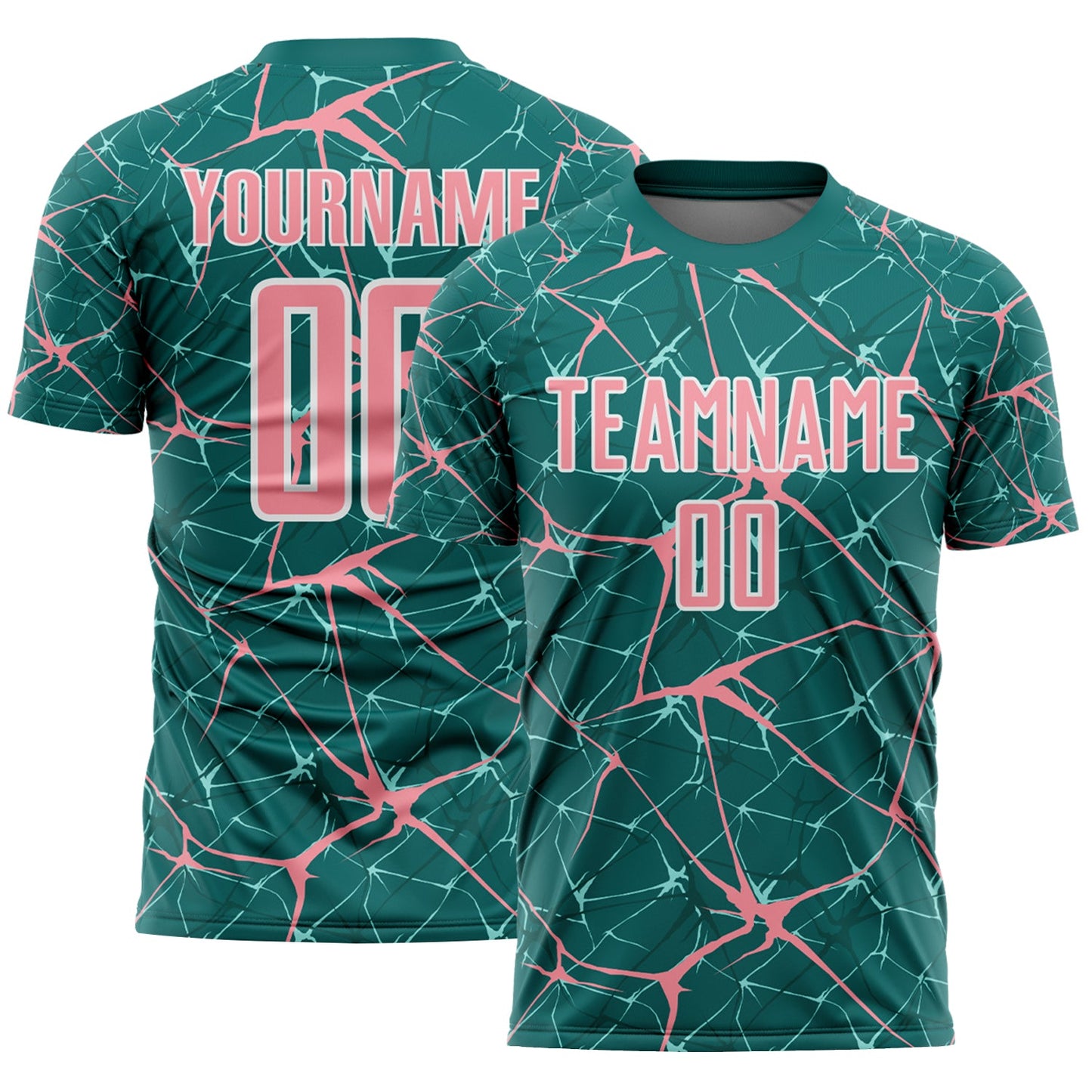 Custom Teal Medium Pink-White Abstract Network Crackle Sublimation Soccer Uniform Jersey - Main View