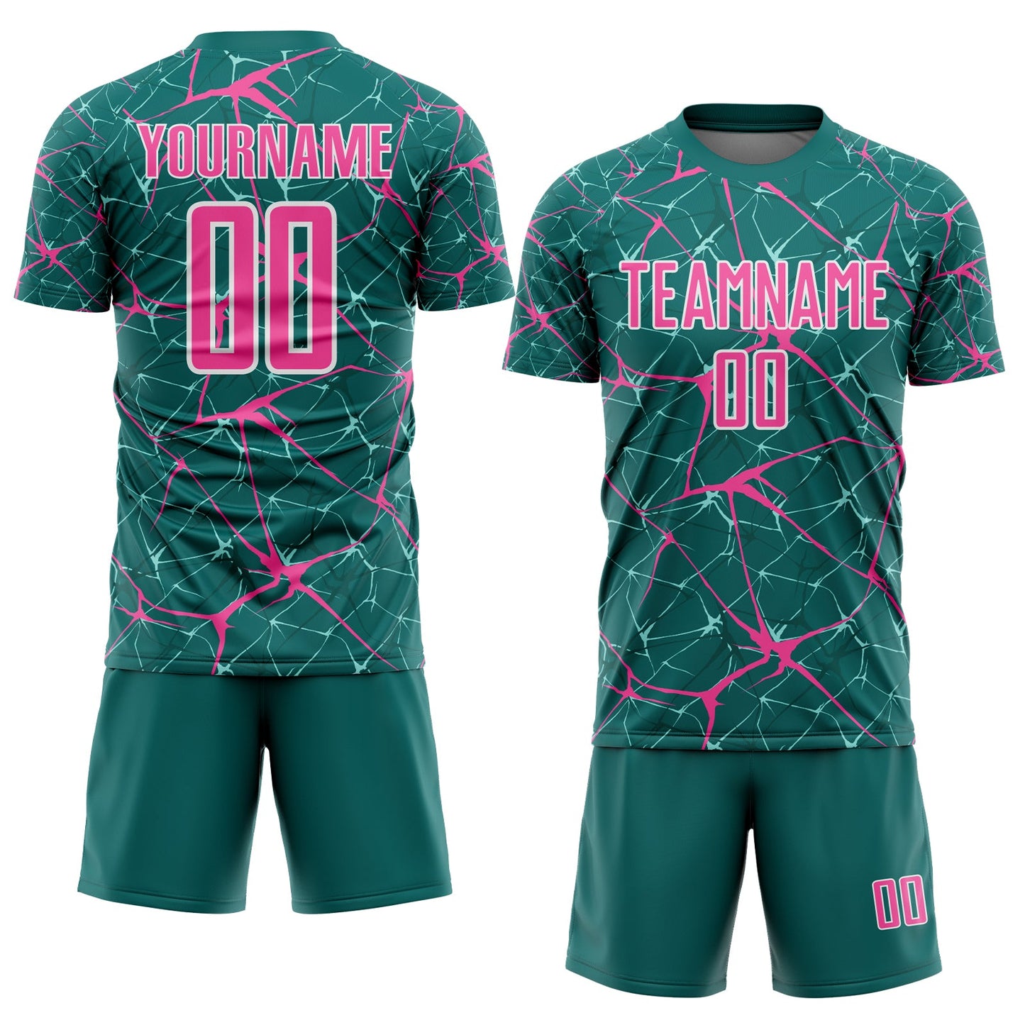 Custom Teal Pink-White Abstract Network Crackle Sublimation Soccer Uniform Jersey view 2
