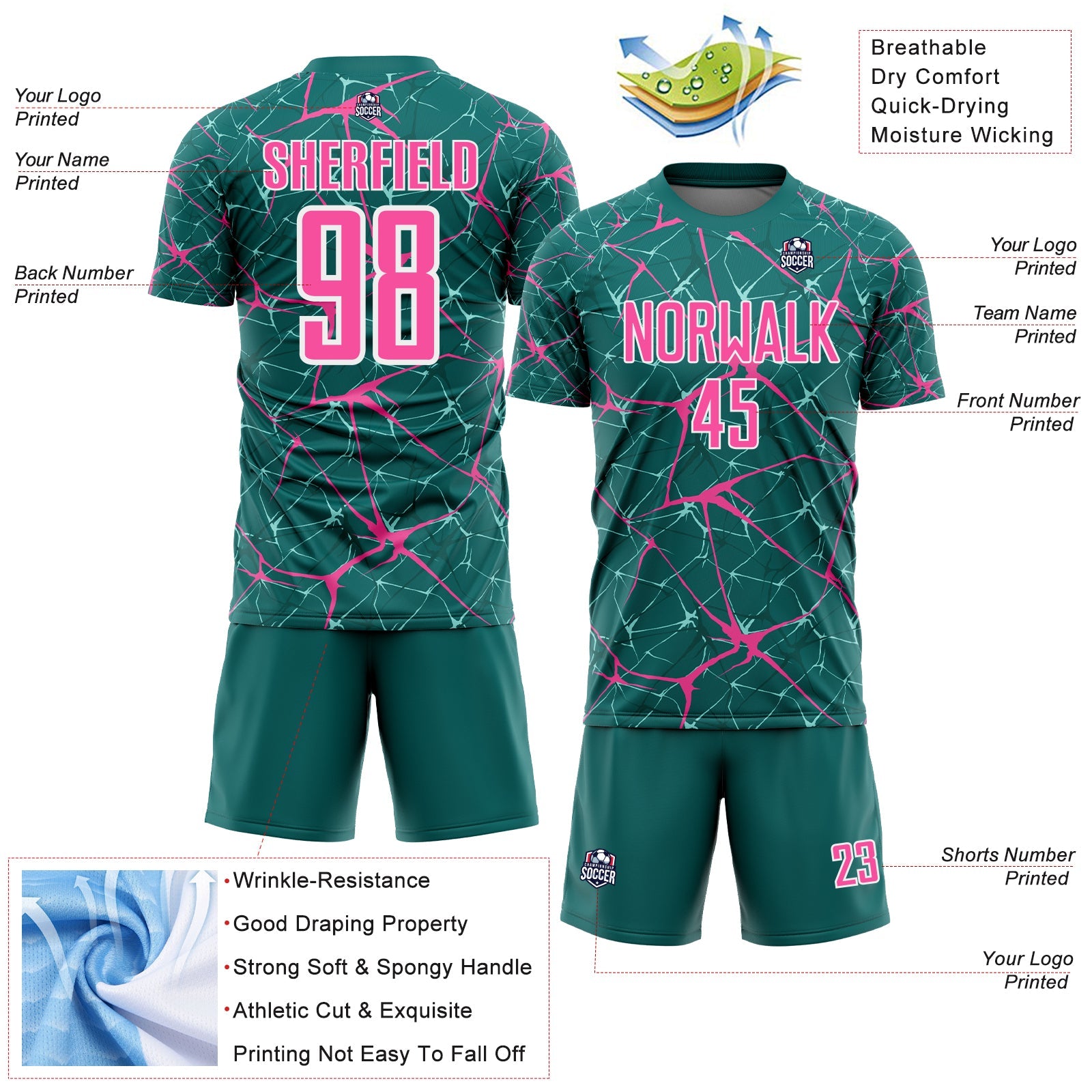 Custom Teal Pink-White Abstract Network Crackle Sublimation Soccer Uniform Jersey view 4