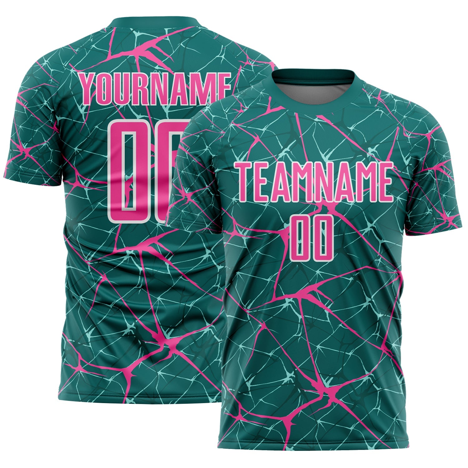 Custom Teal Pink-White Abstract Network Crackle Sublimation Soccer Uniform Jersey - Main View