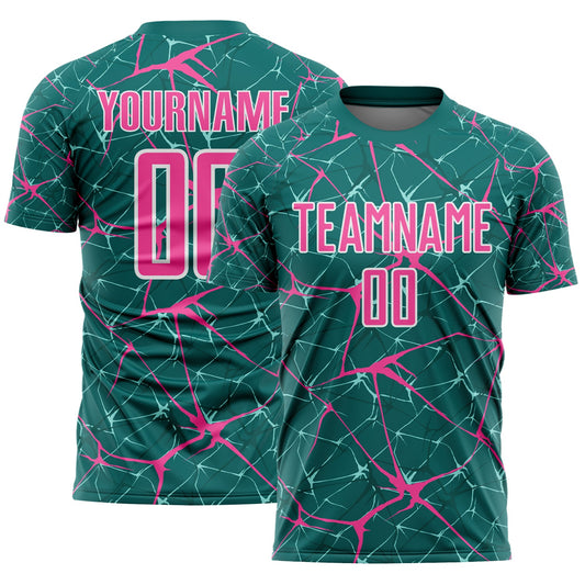 Custom Teal Pink-White Abstract Network Crackle Sublimation Soccer Uniform Jersey - Main View