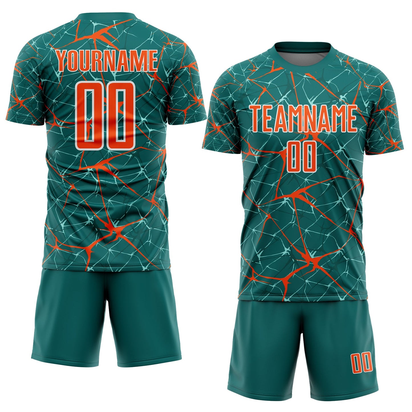 Custom Teal Orange-White Abstract Network Crackle Sublimation Soccer Uniform Jersey view 2