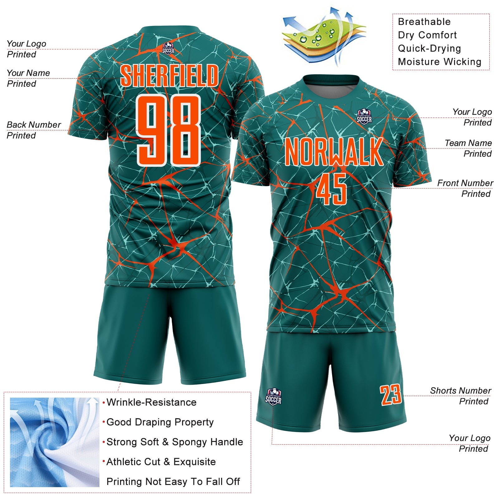 Custom Teal Orange-White Abstract Network Crackle Sublimation Soccer Uniform Jersey view 4