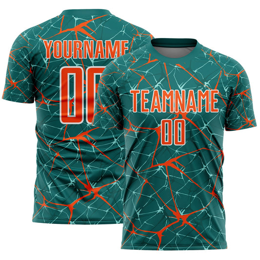 Custom Teal Orange-White Abstract Network Crackle Sublimation Soccer Uniform Jersey - Main View