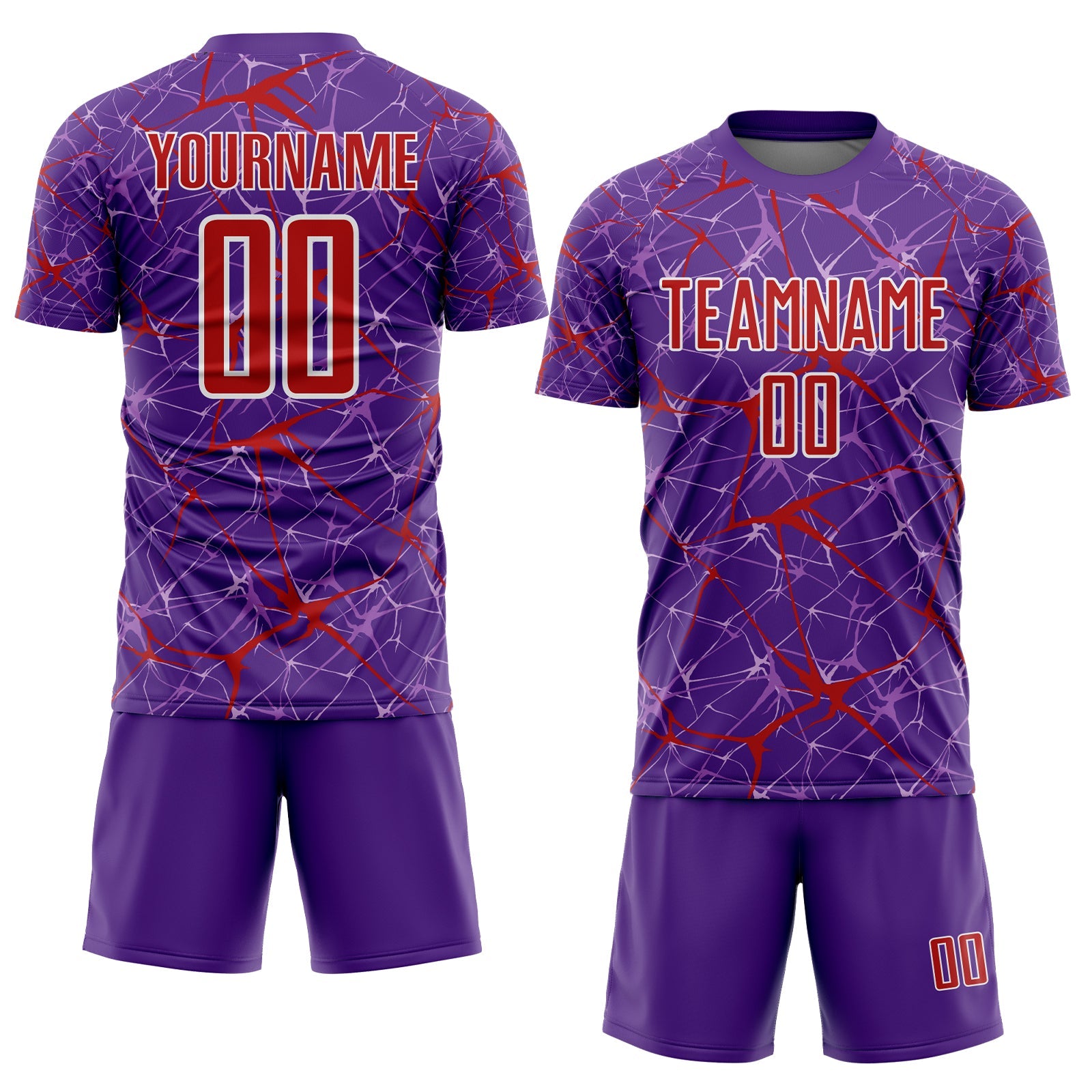 Custom Purple Red-White Abstract Network Crackle Sublimation Soccer Uniform Jersey view 2