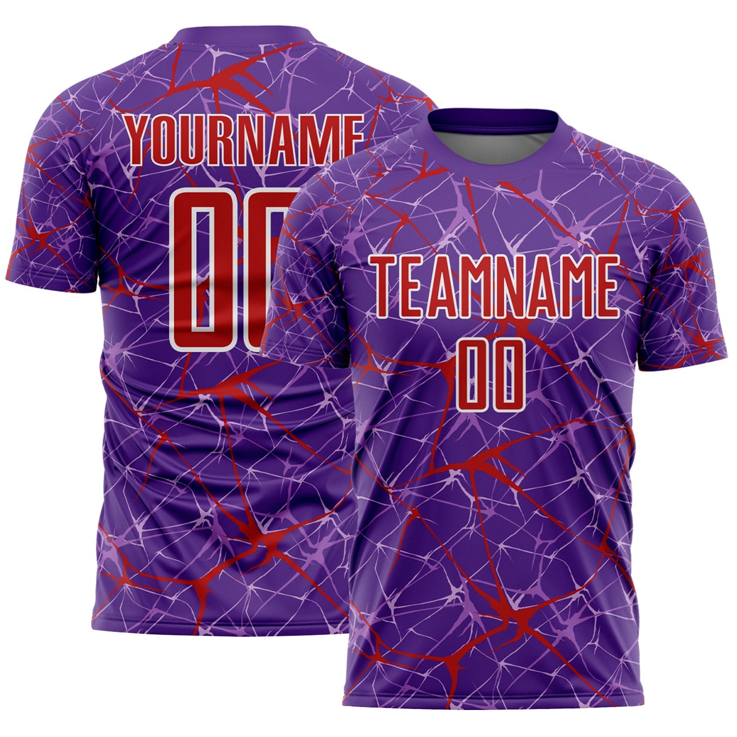 Custom Purple Red-White Abstract Network Crackle Sublimation Soccer Uniform Jersey - Main View