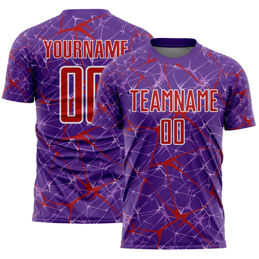 Custom Purple Red-White Abstract Network Crackle Sublimation Soccer Uniform Jersey - Main View