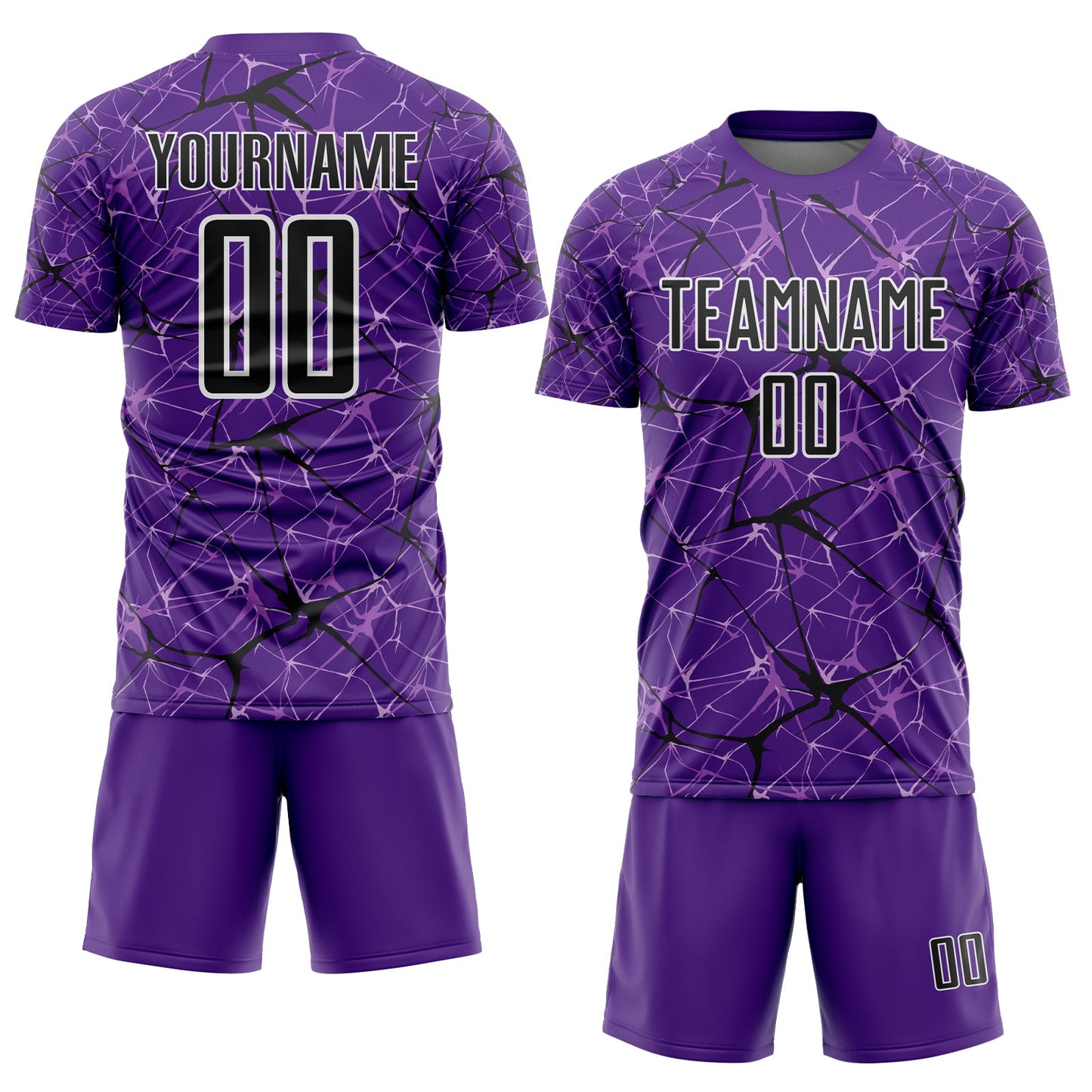Custom Purple Black-White Abstract Network Crackle Sublimation Soccer Uniform Jersey view 2