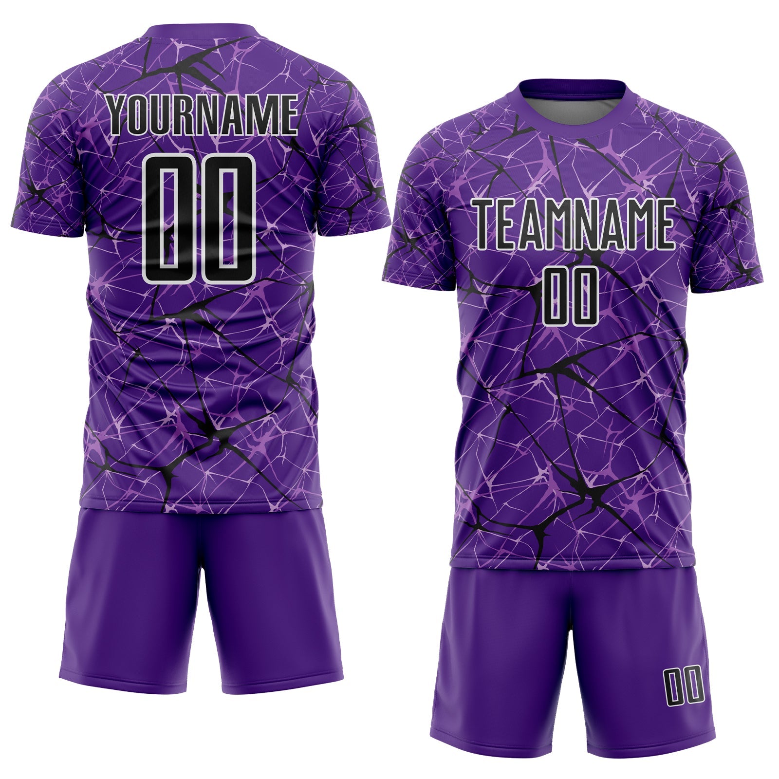 Custom Purple Black-White Abstract Network Crackle Sublimation Soccer Uniform Jersey view 2