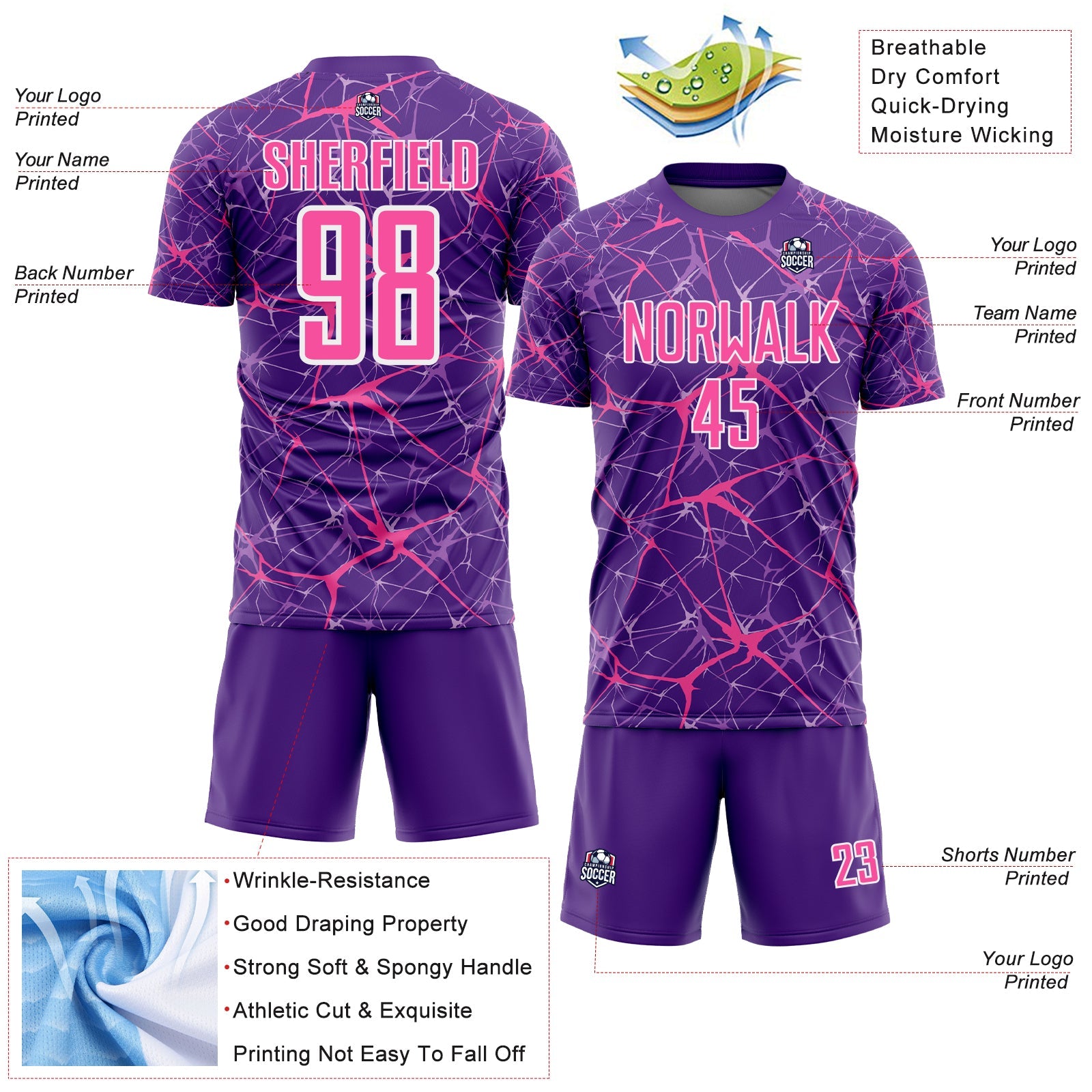 Custom Purple Pink-White Abstract Network Crackle Sublimation Soccer Uniform Jersey view 4