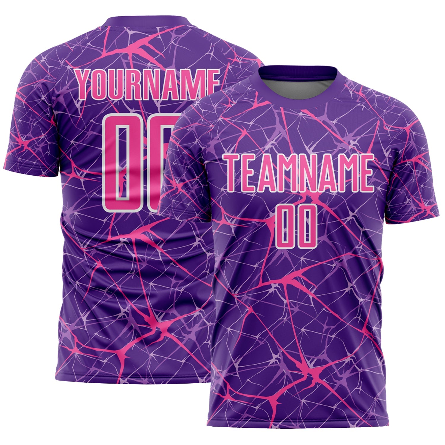 Custom Purple Pink-White Abstract Network Crackle Sublimation Soccer Uniform Jersey - Main View