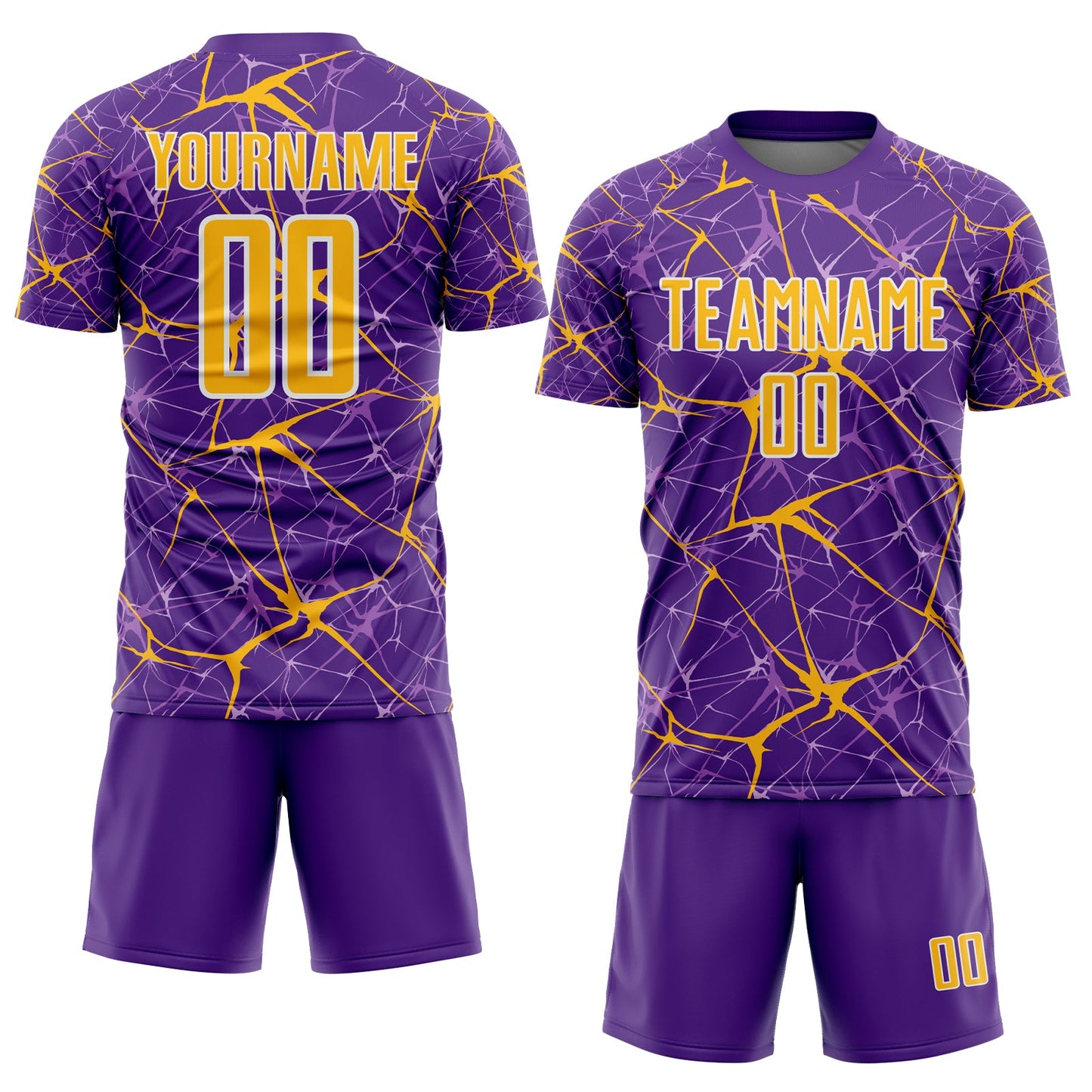 Custom Purple Gold-White Abstract Network Crackle Sublimation Soccer Uniform Jersey view 2