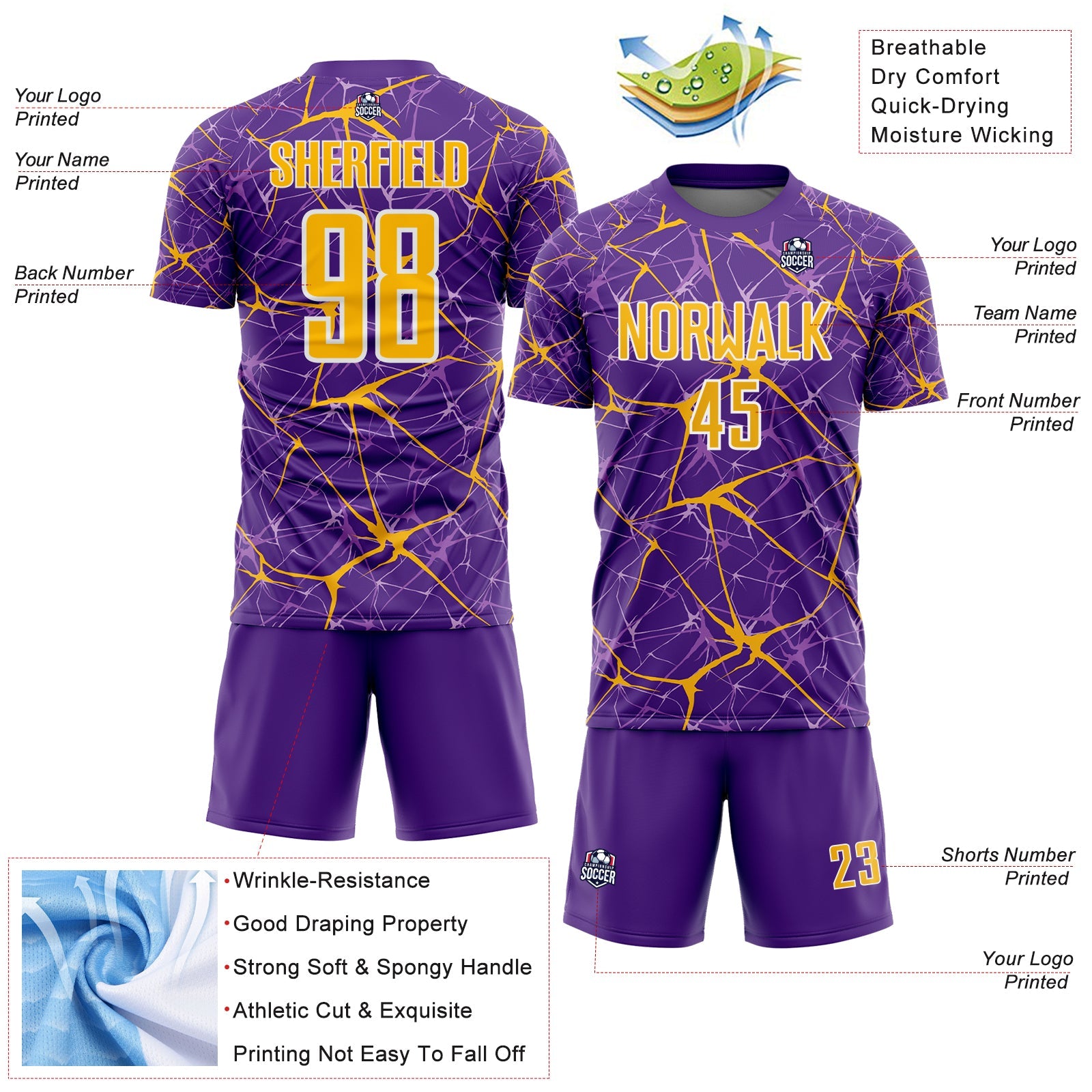 Custom Purple Gold-White Abstract Network Crackle Sublimation Soccer Uniform Jersey view 4