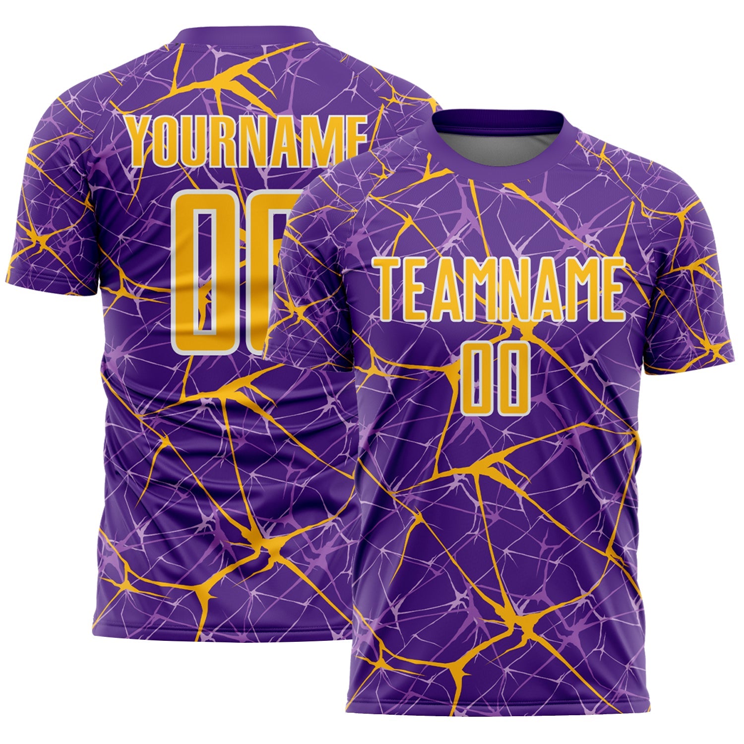 Custom Purple Gold-White Abstract Network Crackle Sublimation Soccer Uniform Jersey - Main View