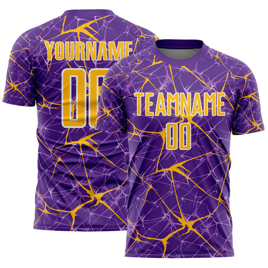 Custom Purple Gold-White Abstract Network Crackle Sublimation Soccer Uniform Jersey - Main View