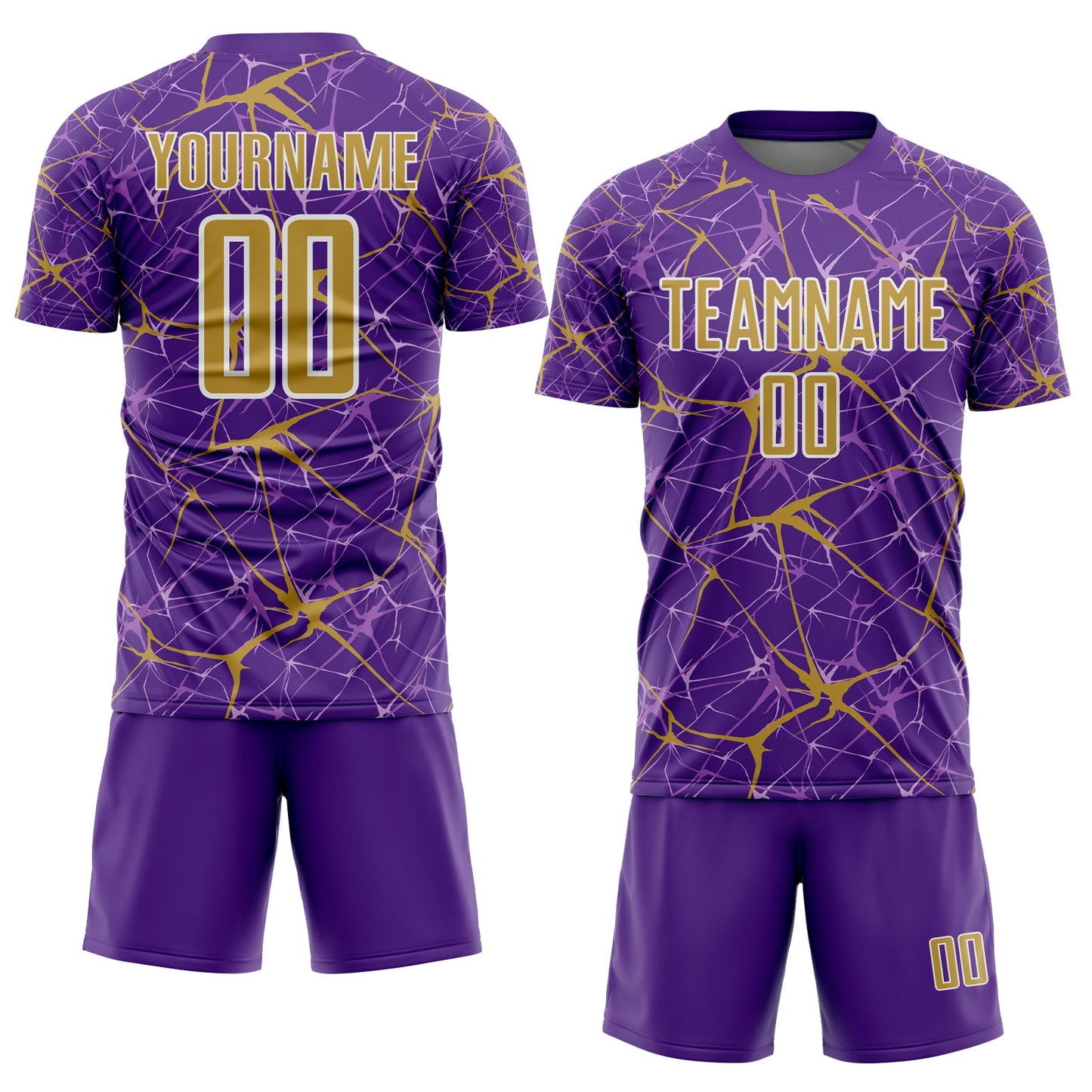 Custom Purple Old Gold-White Abstract Network Crackle Sublimation Soccer Uniform Jersey view 2