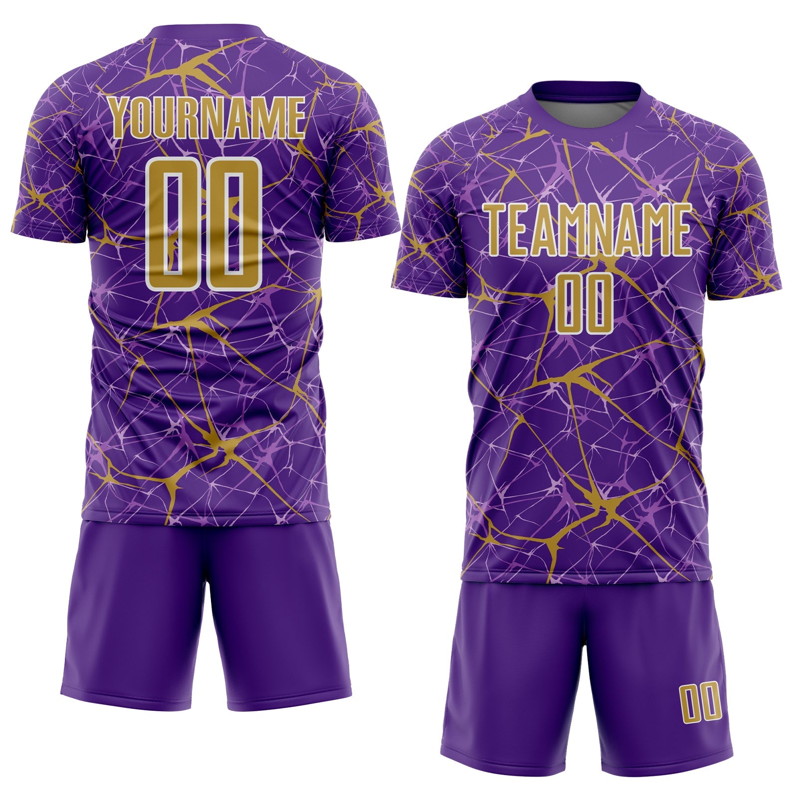 Custom Purple Old Gold-White Abstract Network Crackle Sublimation Soccer Uniform Jersey view 2