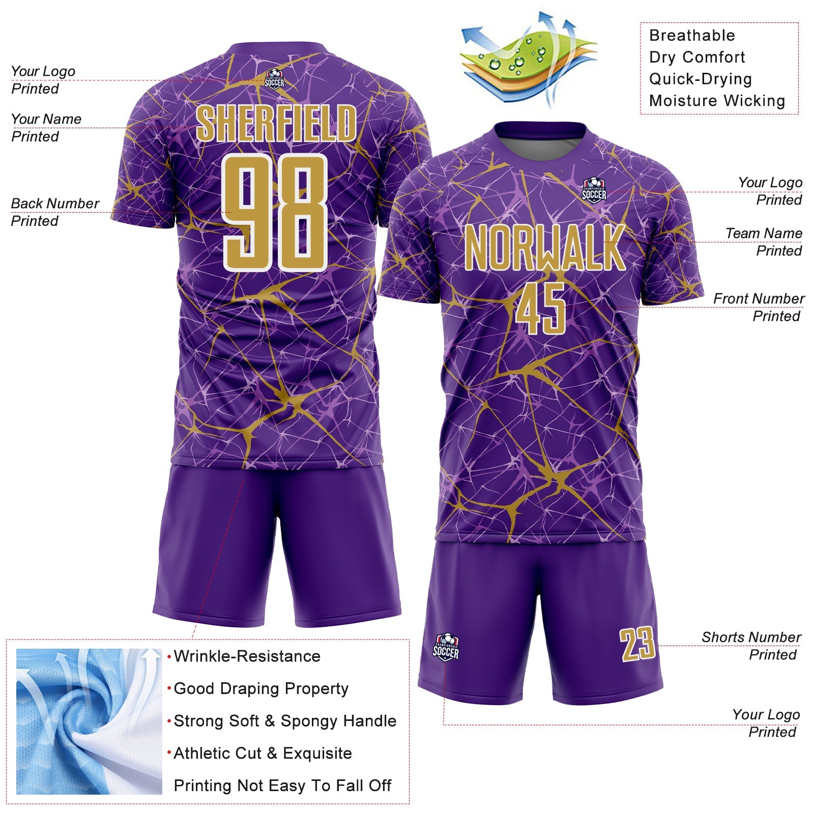 Custom Purple Old Gold-White Abstract Network Crackle Sublimation Soccer Uniform Jersey view 4