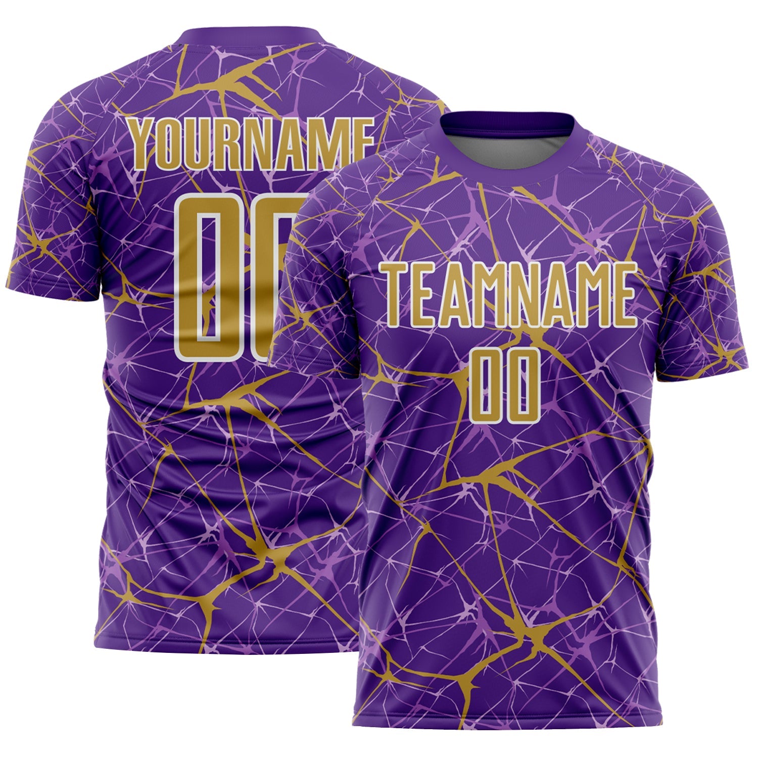 Custom Purple Old Gold-White Abstract Network Crackle Sublimation Soccer Uniform Jersey - Main View