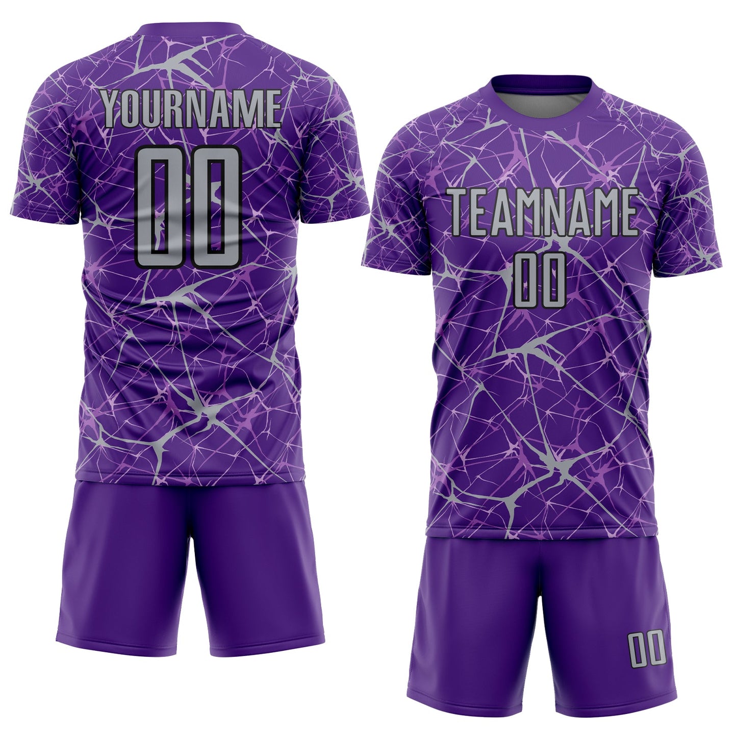 Custom Purple Gray-Black Abstract Network Crackle Sublimation Soccer Uniform Jersey view 2