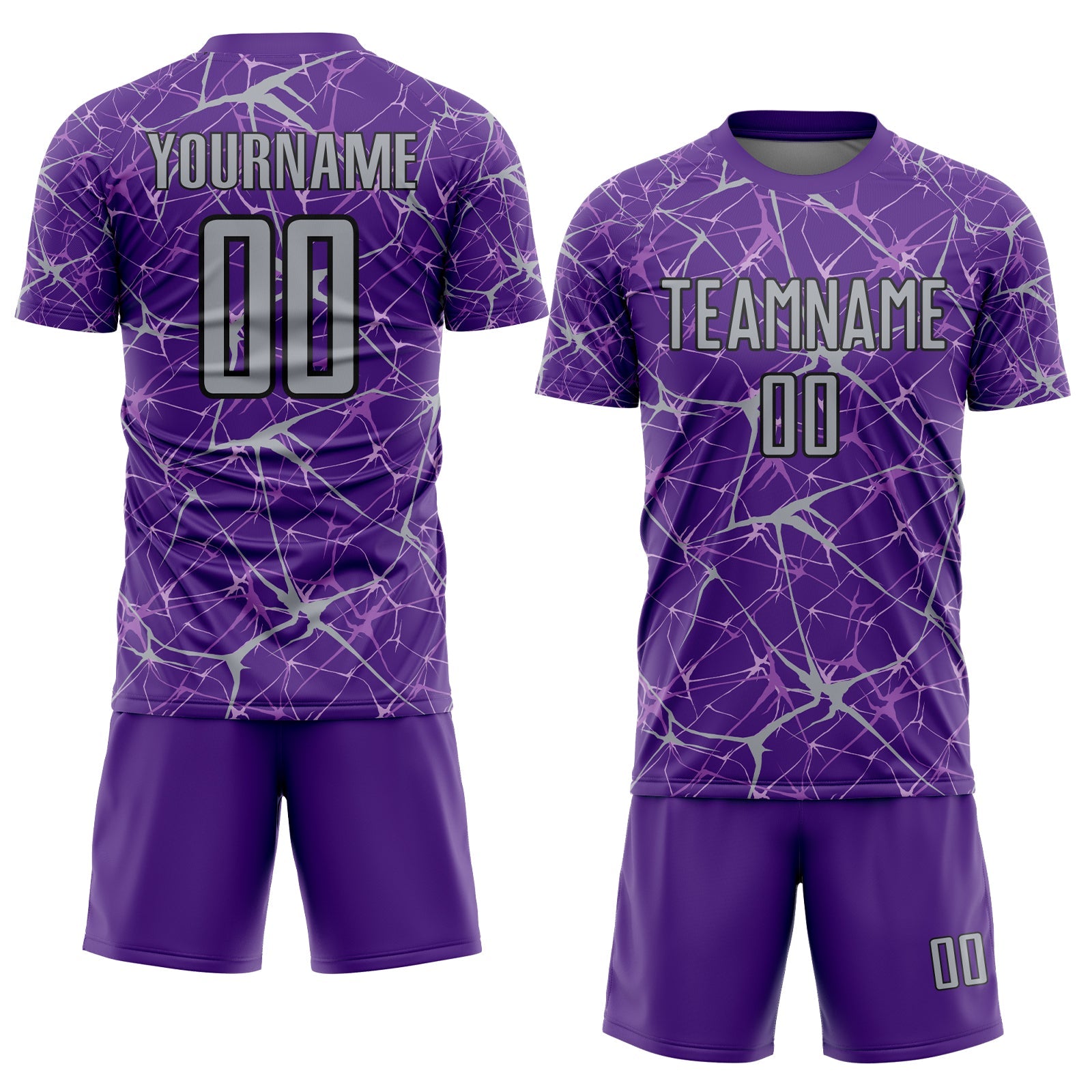 Custom Purple Gray-Black Abstract Network Crackle Sublimation Soccer Uniform Jersey view 2