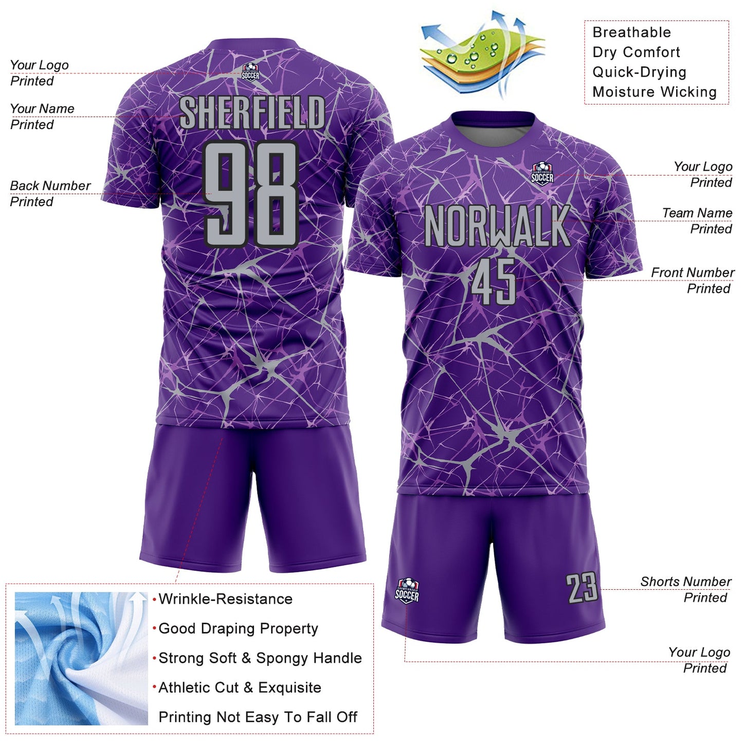 Custom Purple Gray-Black Abstract Network Crackle Sublimation Soccer Uniform Jersey view 4