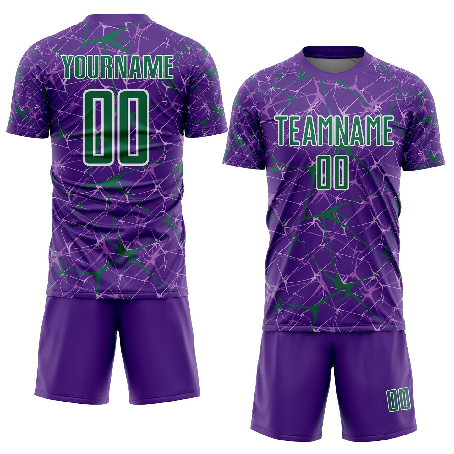 Custom Purple Kelly Green-White Abstract Network Crackle Sublimation Soccer Uniform Jersey view 2