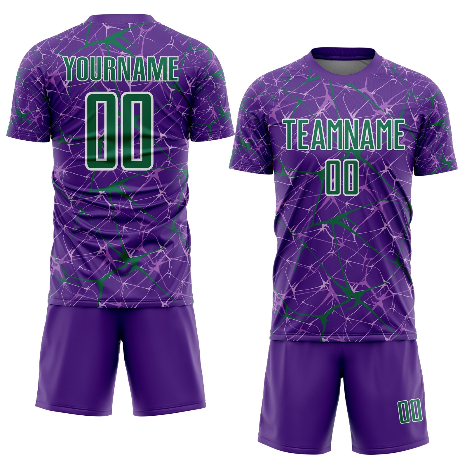Custom Purple Kelly Green-White Abstract Network Crackle Sublimation Soccer Uniform Jersey view 2