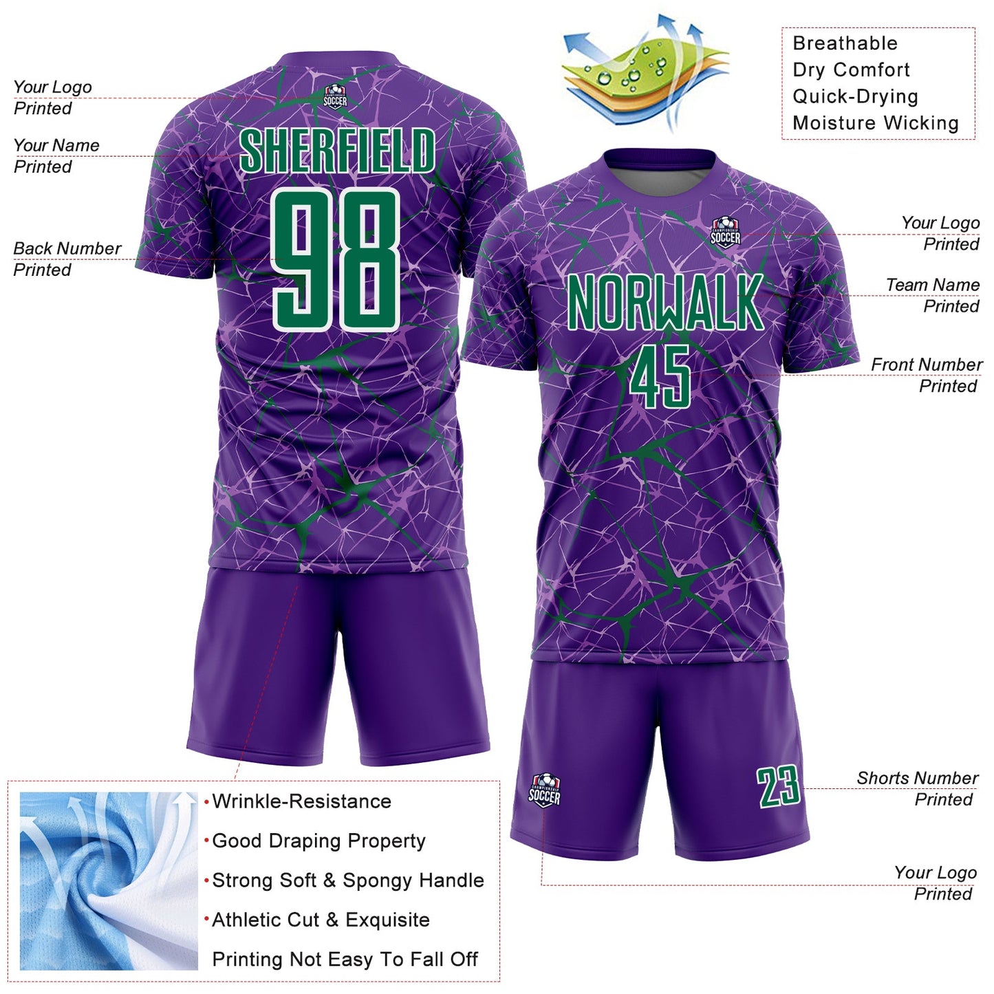 Custom Purple Kelly Green-White Abstract Network Crackle Sublimation Soccer Uniform Jersey view 4