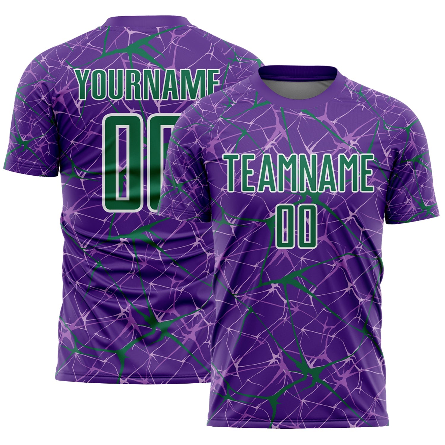 Custom Purple Kelly Green-White Abstract Network Crackle Sublimation Soccer Uniform Jersey - Main View