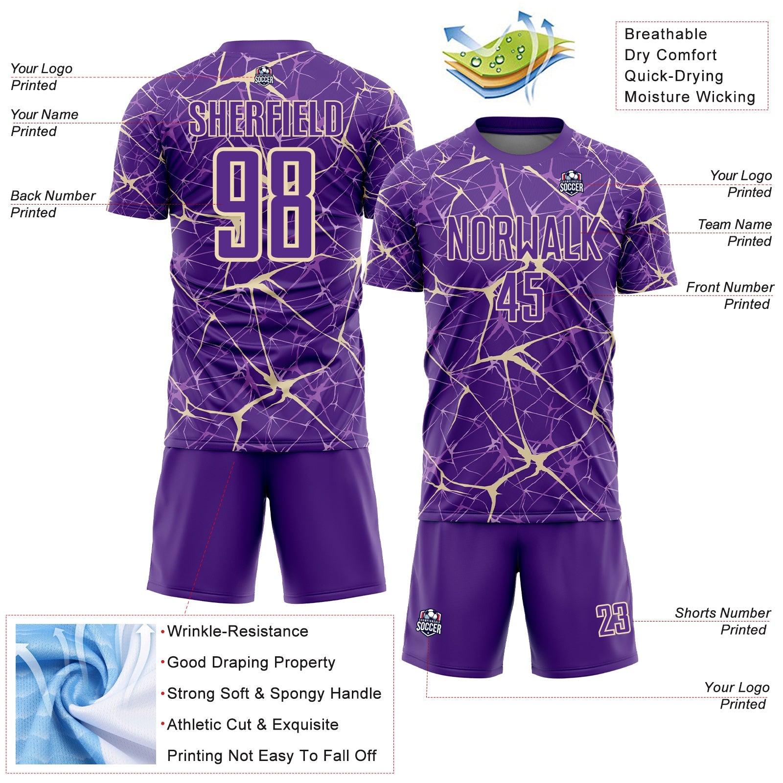 Custom Purple-Cream Abstract Network Crackle Sublimation Soccer Uniform Jersey view 4