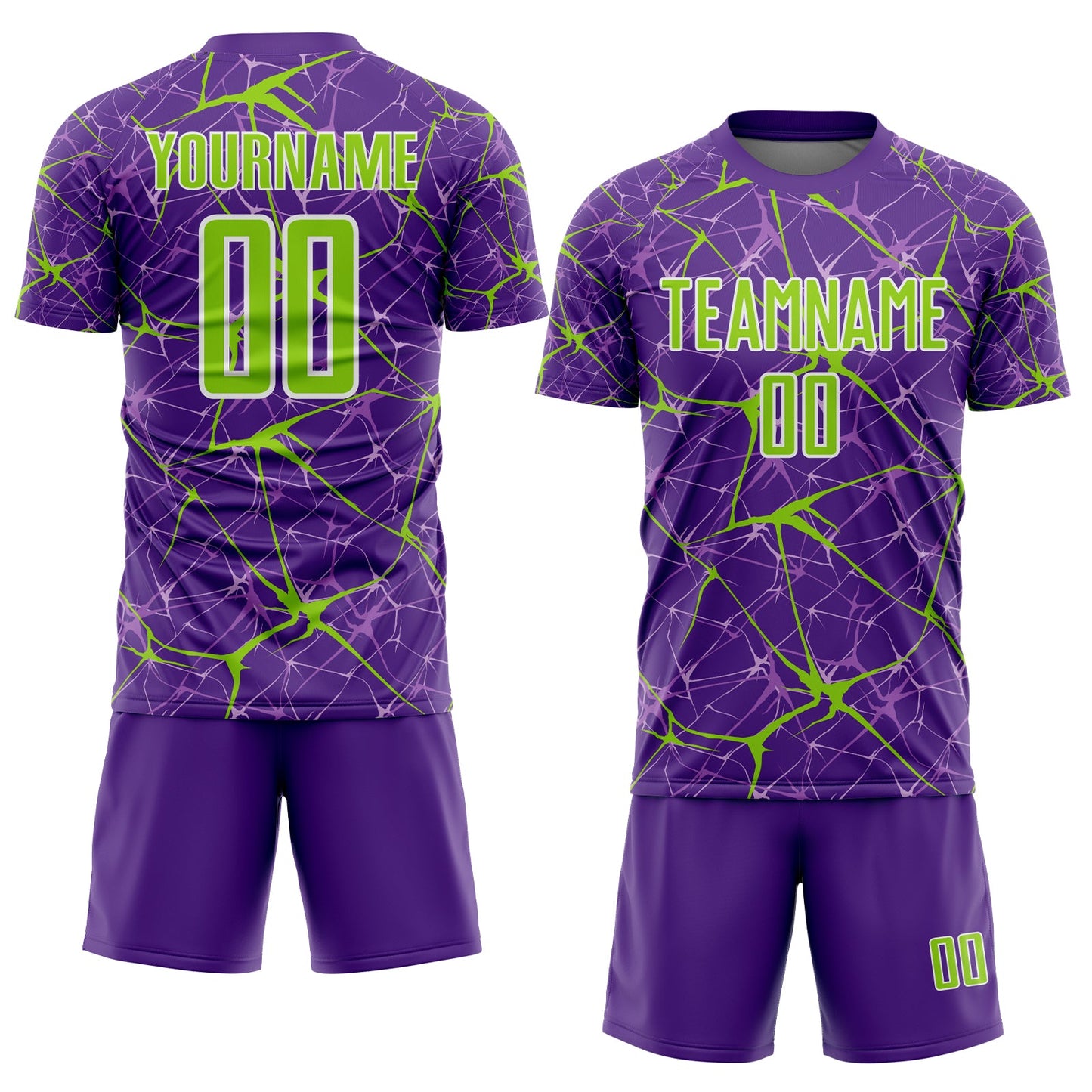 Custom Purple Neon Green-White Abstract Network Crackle Sublimation Soccer Uniform Jersey view 2