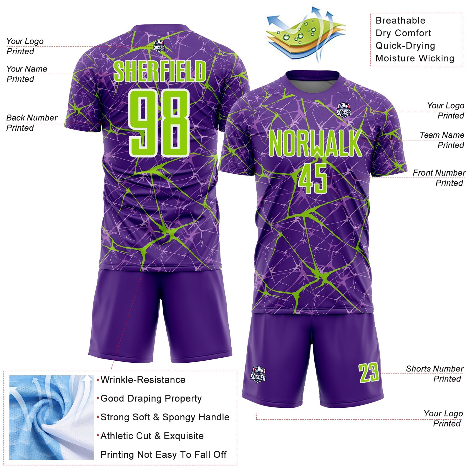 Custom Purple Neon Green-White Abstract Network Crackle Sublimation Soccer Uniform Jersey view 4