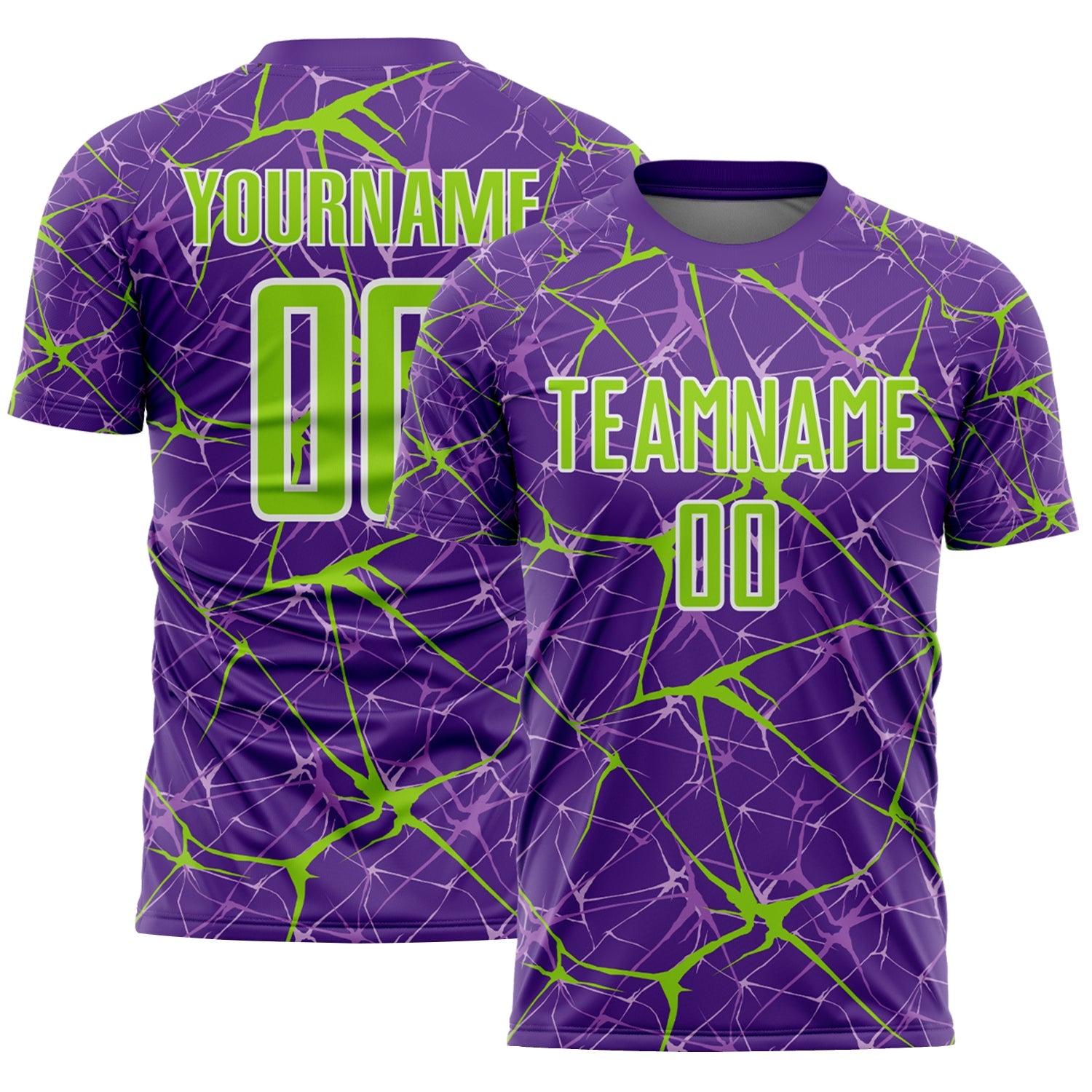 Custom Purple Neon Green-White Abstract Network Crackle Sublimation Soccer Uniform Jersey - Main View