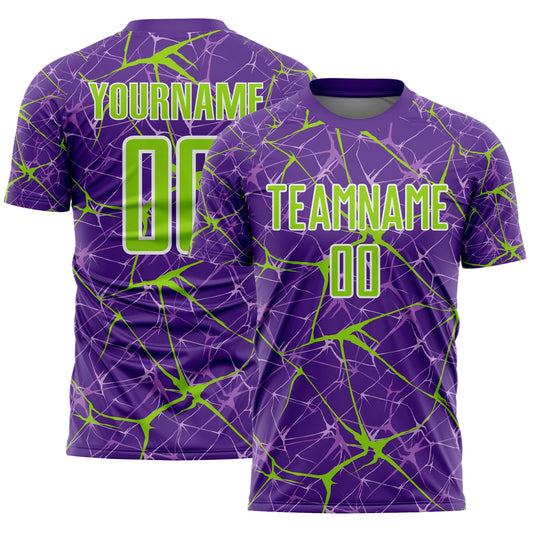 Custom Purple Neon Green-White Abstract Network Crackle Sublimation Soccer Uniform Jersey - Main View