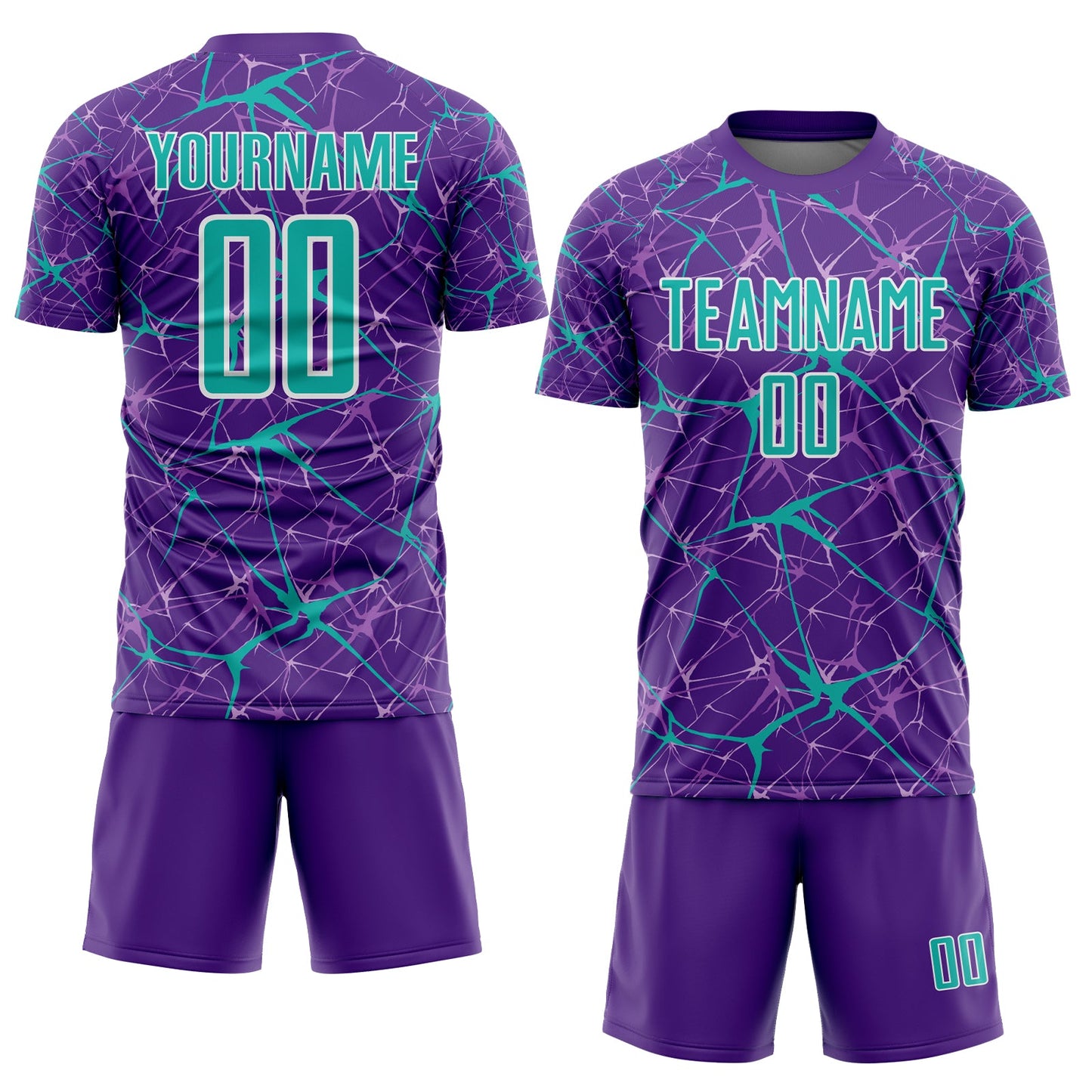 Custom Purple Aqua-White Abstract Network Crackle Sublimation Soccer Uniform Jersey view 2
