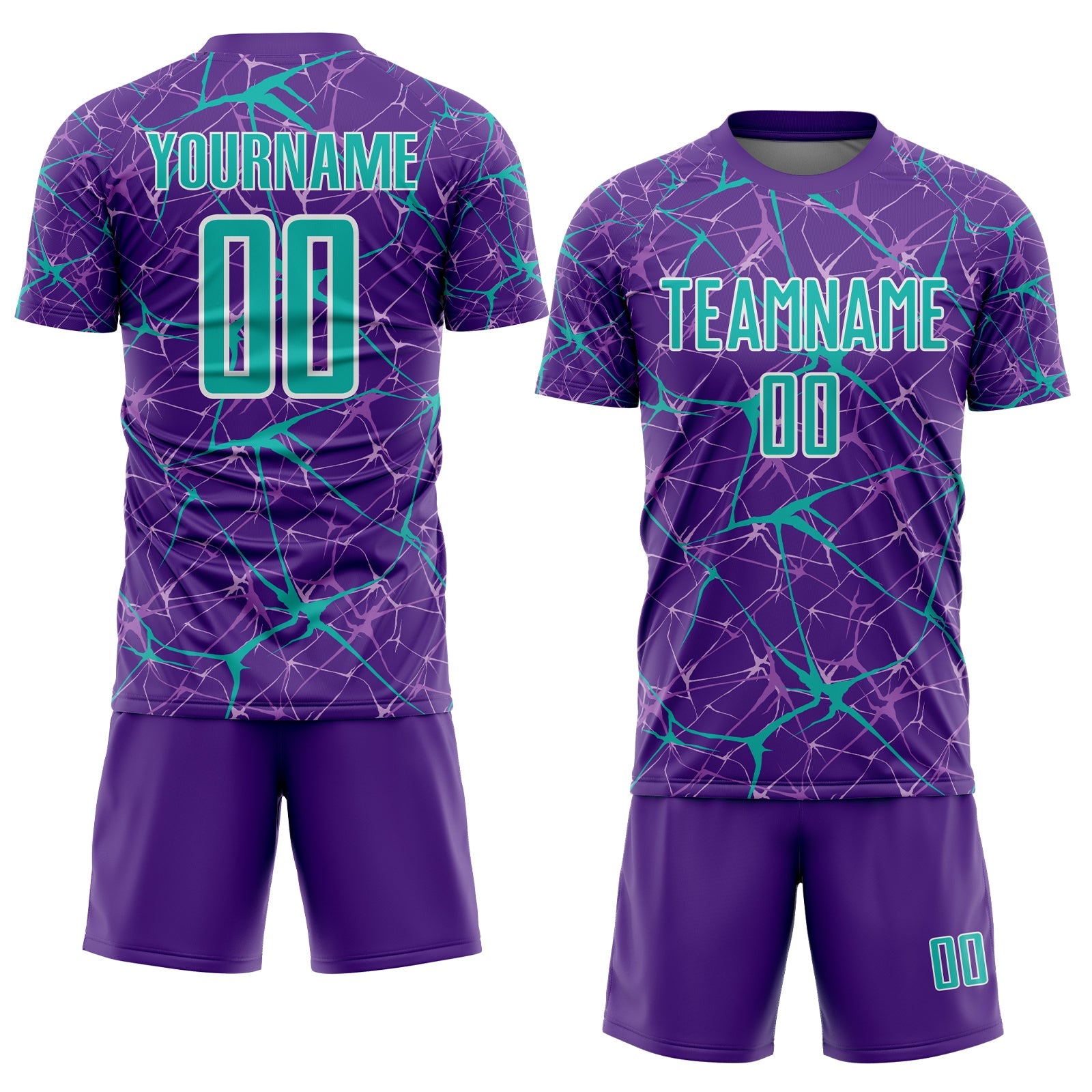 Custom Purple Aqua-White Abstract Network Crackle Sublimation Soccer Uniform Jersey view 2