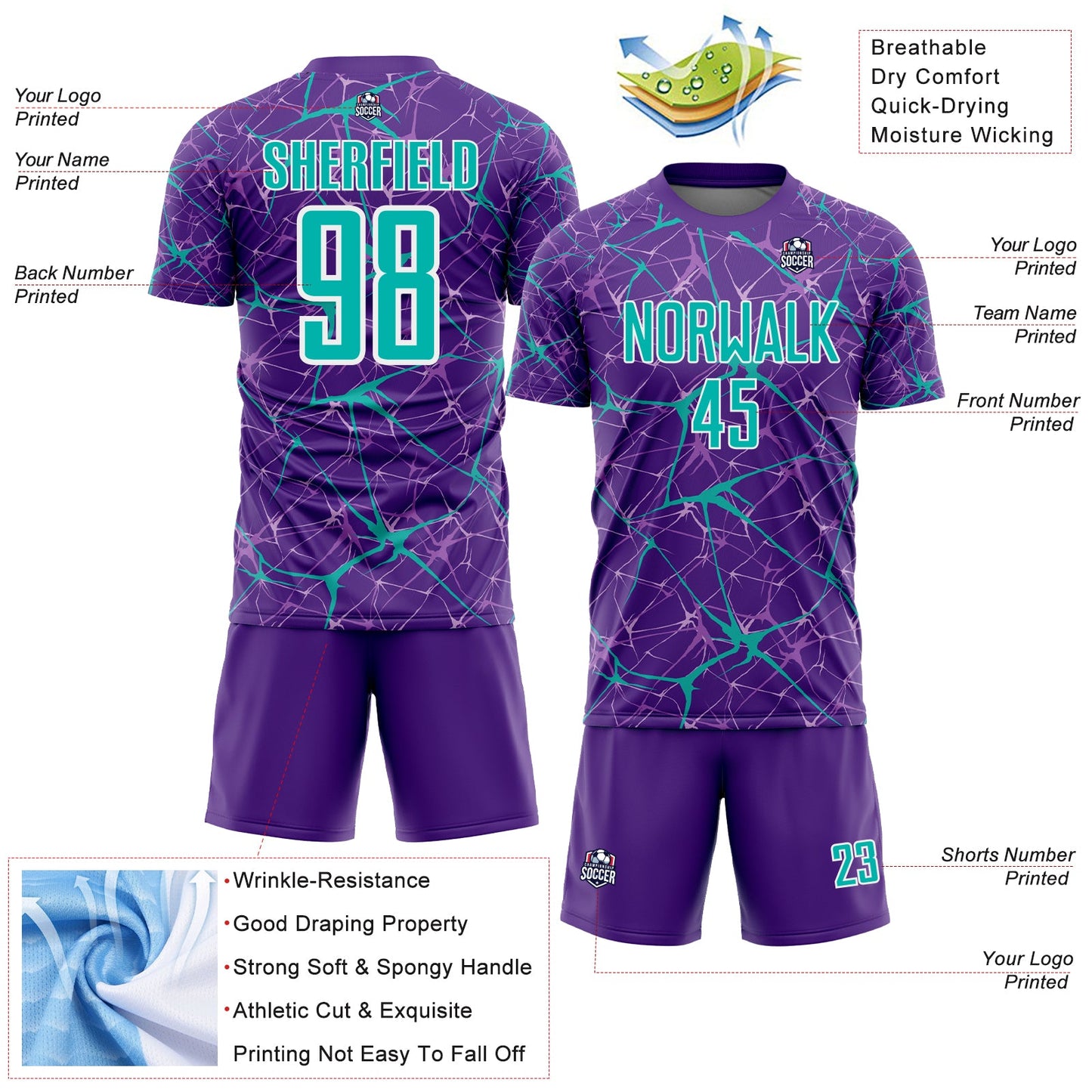 Custom Purple Aqua-White Abstract Network Crackle Sublimation Soccer Uniform Jersey view 4