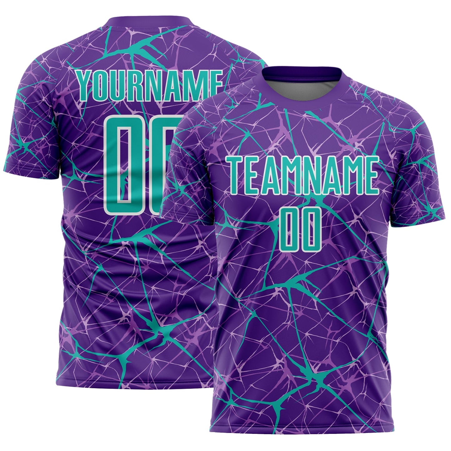 Custom Purple Aqua-White Abstract Network Crackle Sublimation Soccer Uniform Jersey - Main View