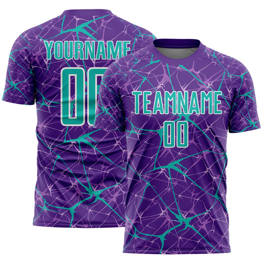 Custom Purple Aqua-White Abstract Network Crackle Sublimation Soccer Uniform Jersey - Main View