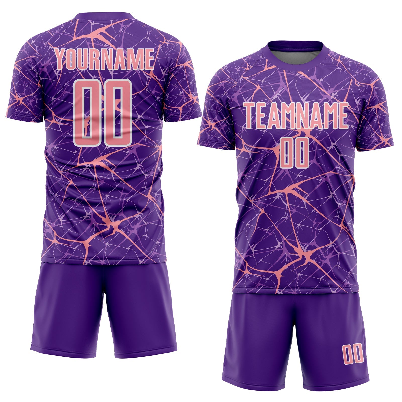 Custom Purple Medium Pink-White Abstract Network Crackle Sublimation Soccer Uniform Jersey view 2