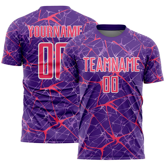 Custom Purple Neon Pink-White Abstract Network Crackle Sublimation Soccer Uniform Jersey - Main View