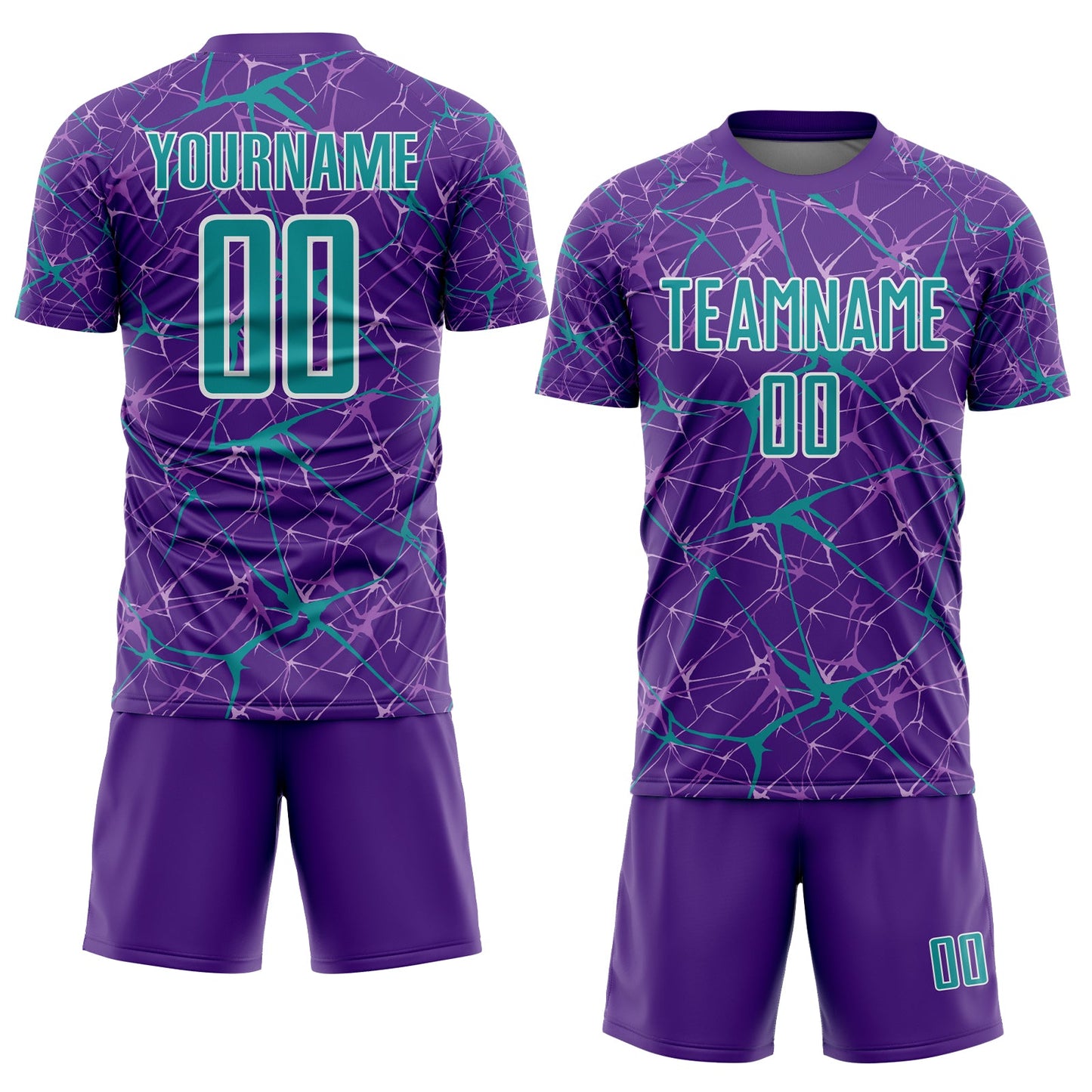 Custom Purple Teal-White Abstract Network Crackle Sublimation Soccer Uniform Jersey view 2