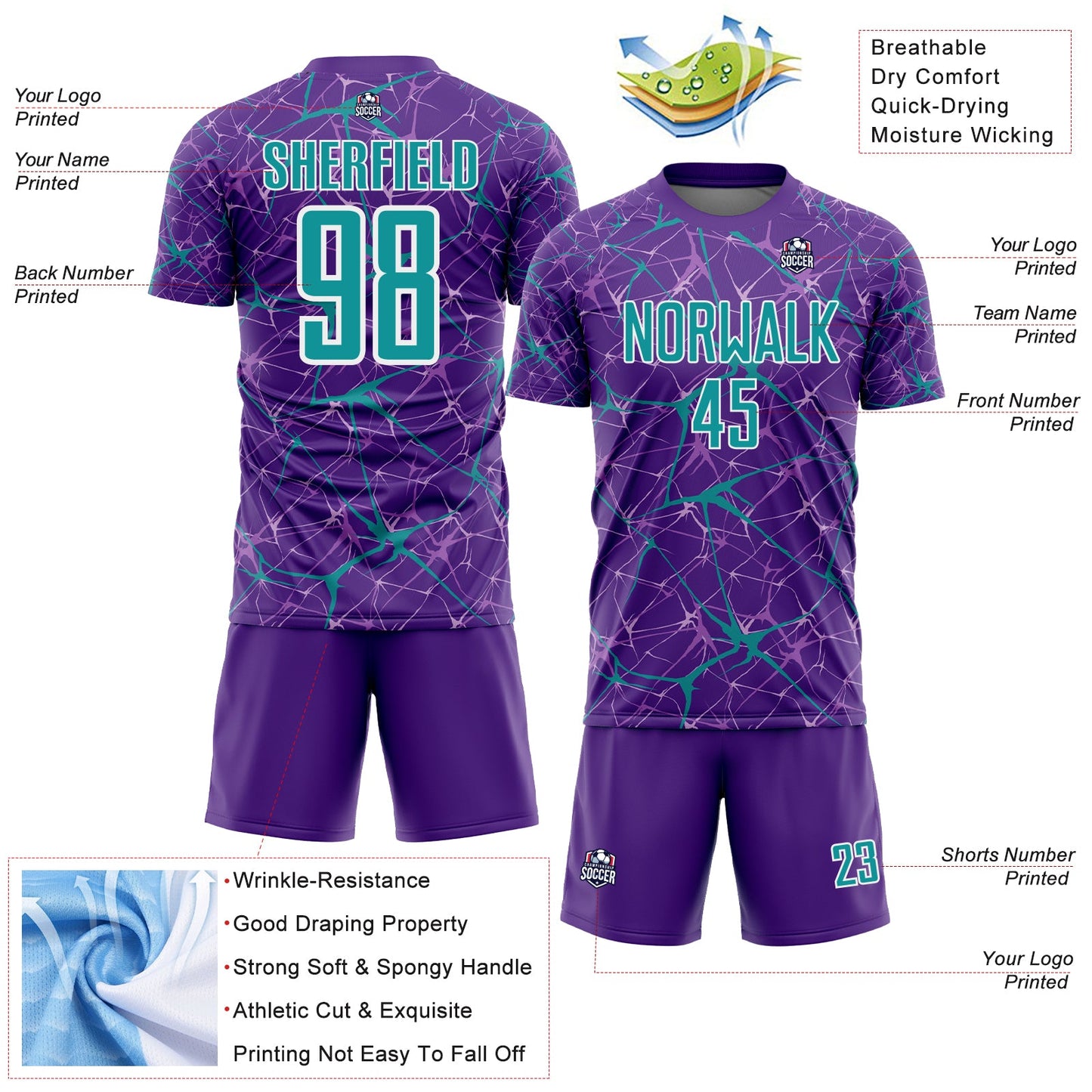 Custom Purple Teal-White Abstract Network Crackle Sublimation Soccer Uniform Jersey view 4