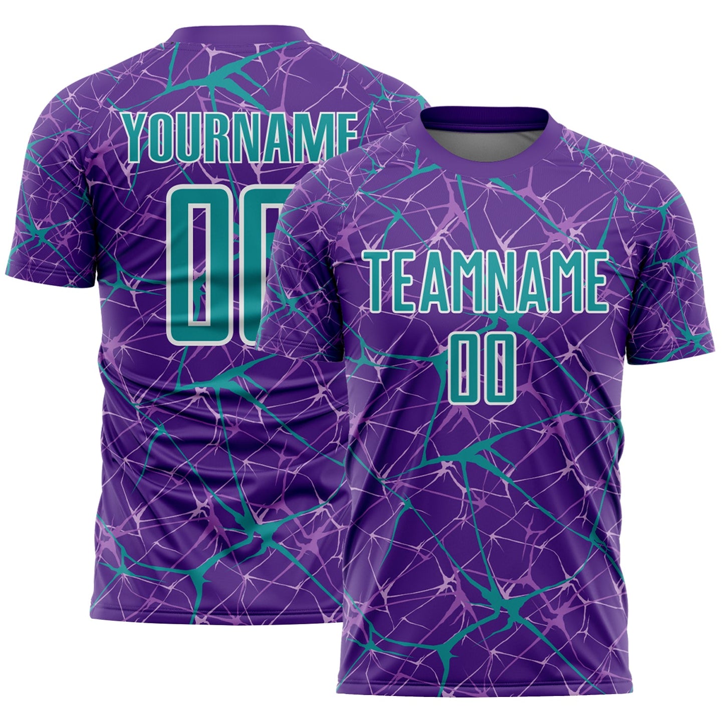 Custom Purple Teal-White Abstract Network Crackle Sublimation Soccer Uniform Jersey - Main View