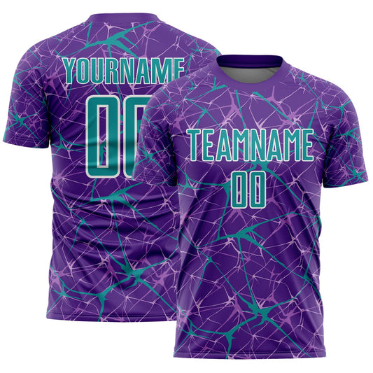 Custom Purple Teal-White Abstract Network Crackle Sublimation Soccer Uniform Jersey - Main View