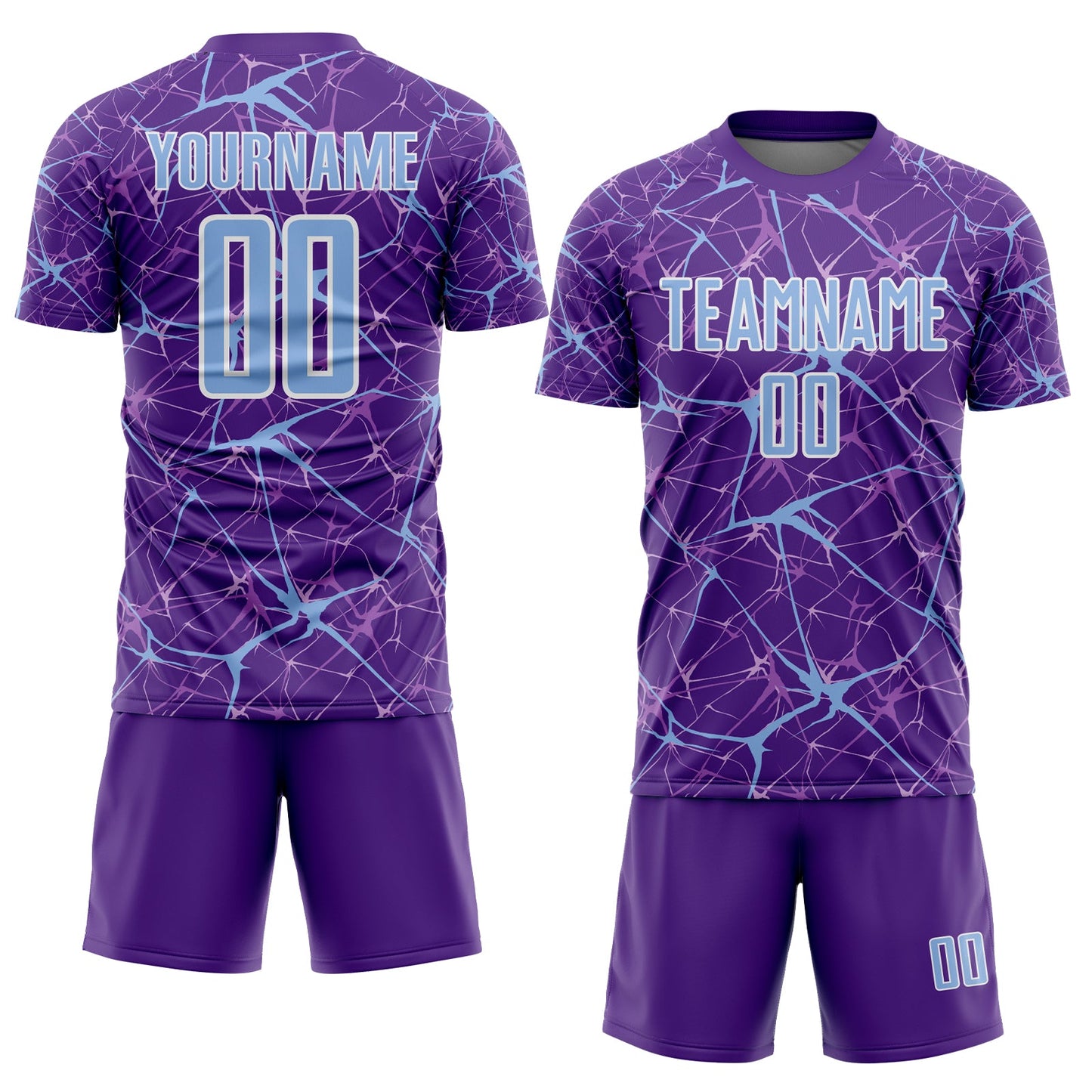 Custom Purple Light Blue-White Abstract Network Crackle Sublimation Soccer Uniform Jersey view 2