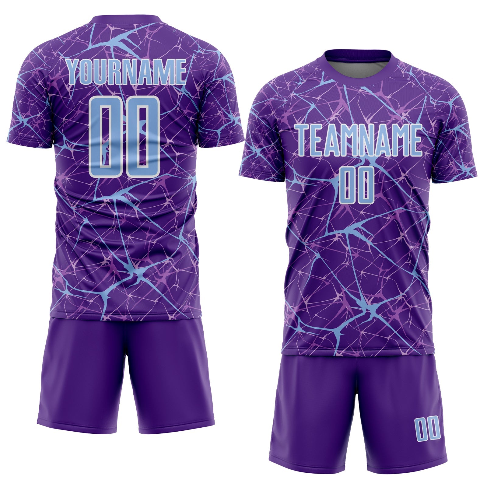 Custom Purple Light Blue-White Abstract Network Crackle Sublimation Soccer Uniform Jersey view 2