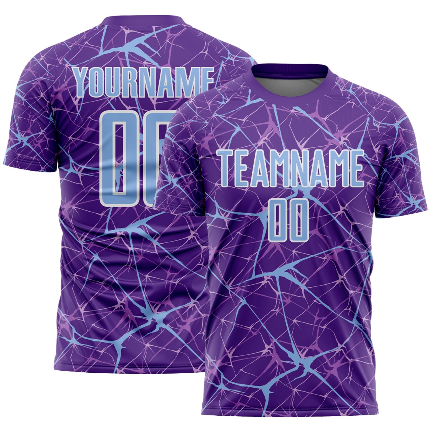 Custom Purple Light Blue-White Abstract Network Crackle Sublimation Soccer Uniform Jersey - Main View